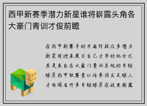 西甲新赛季潜力新星谁将崭露头角各大豪门青训才俊前瞻